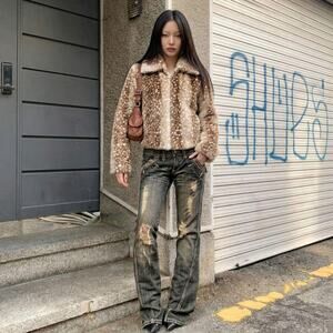 Fawn Deer Print Faux Fur Jacket Bambi Doe Coquette Cottagecore